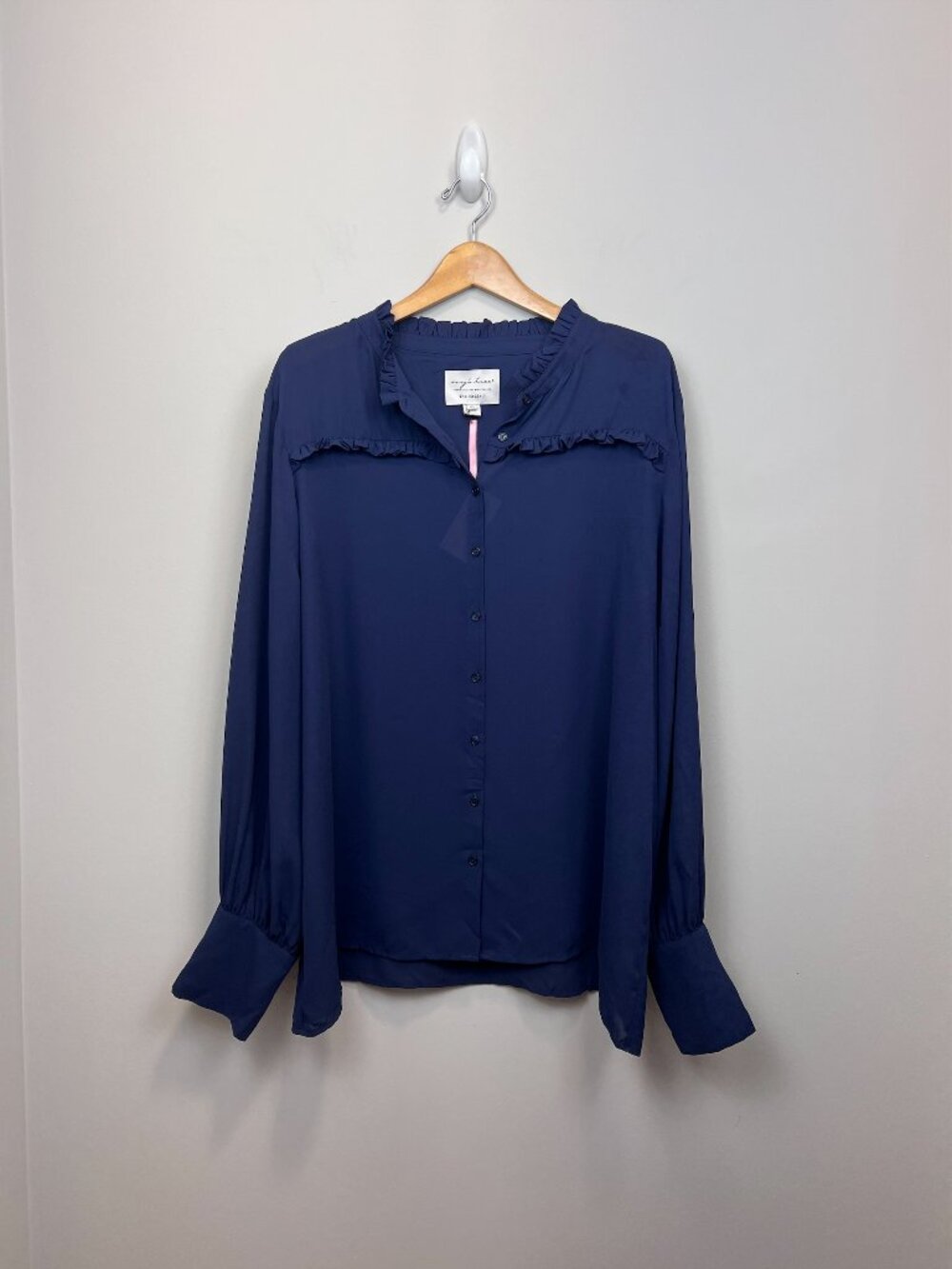 Envy Tree The Madison Ruffle Blouse 2X Blue Button Front Long Sleeve NWT